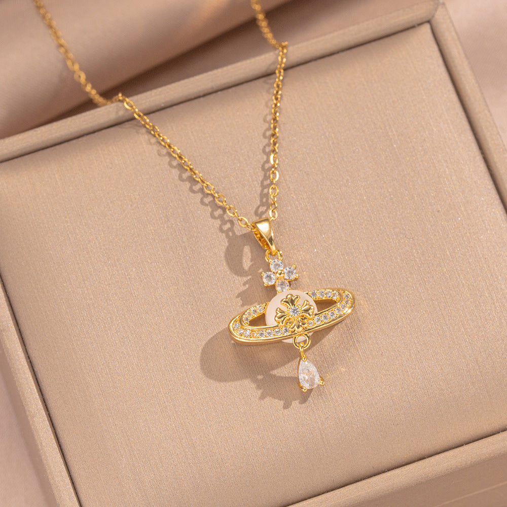 Collar con colgante de lujo con forma de Saturno para mujer, con cobre chapado en oro y circonita, cadena O-Link, accesorio de moda minimalista