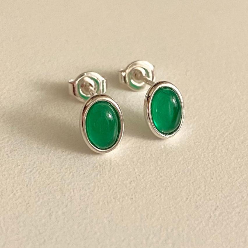 Orecchini a perno geometrici minimalisti ovali in agata verde in argento sterling 925 placcato oro
