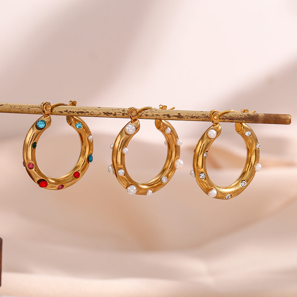Fashion Minimalist Geometric Stainless Steel Hoop Earrings with 18K Gold Plating and Colored Zirconia