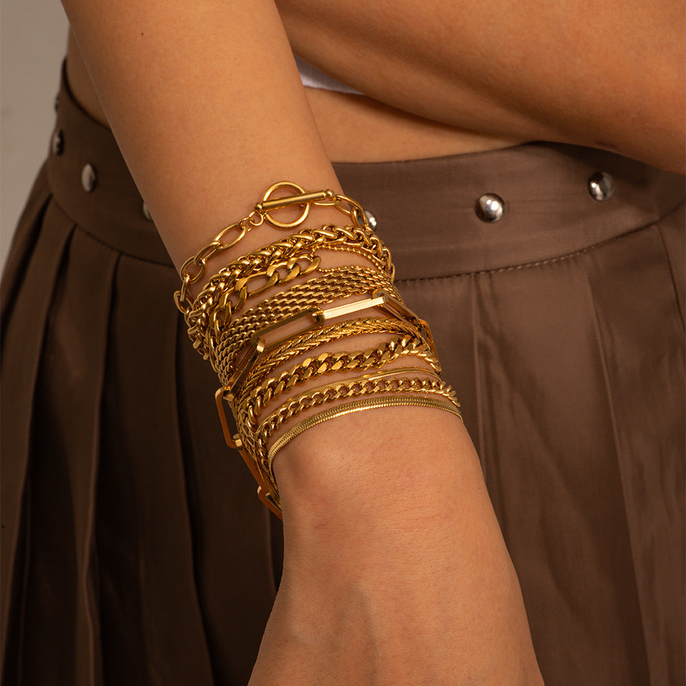 Vintage Geometric Plated Stainless Steel Cuban Link Chain Bracelet for Women
