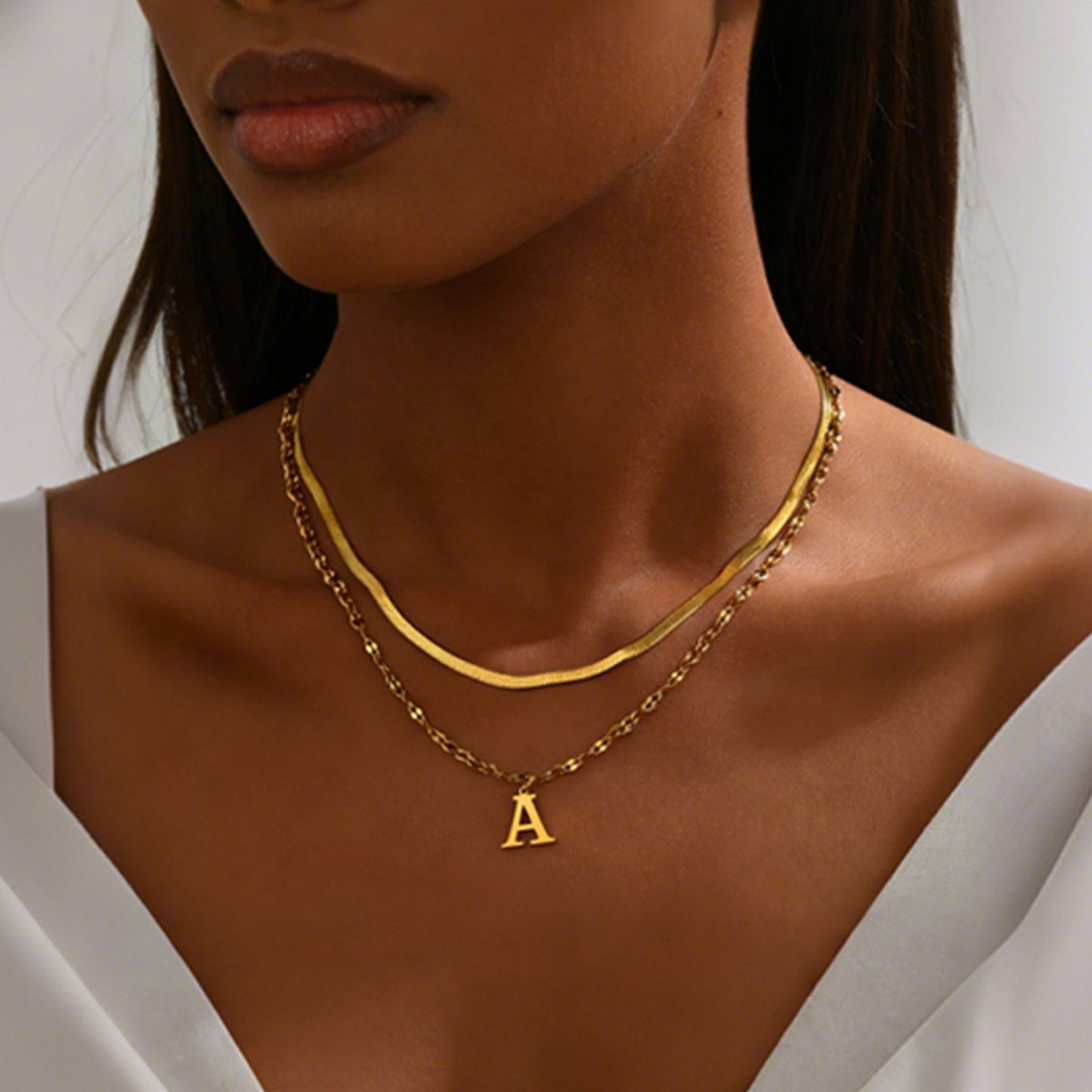 Elegant 18K Gold Plated Letter Stainless Steel Double Layer Necklace for Women