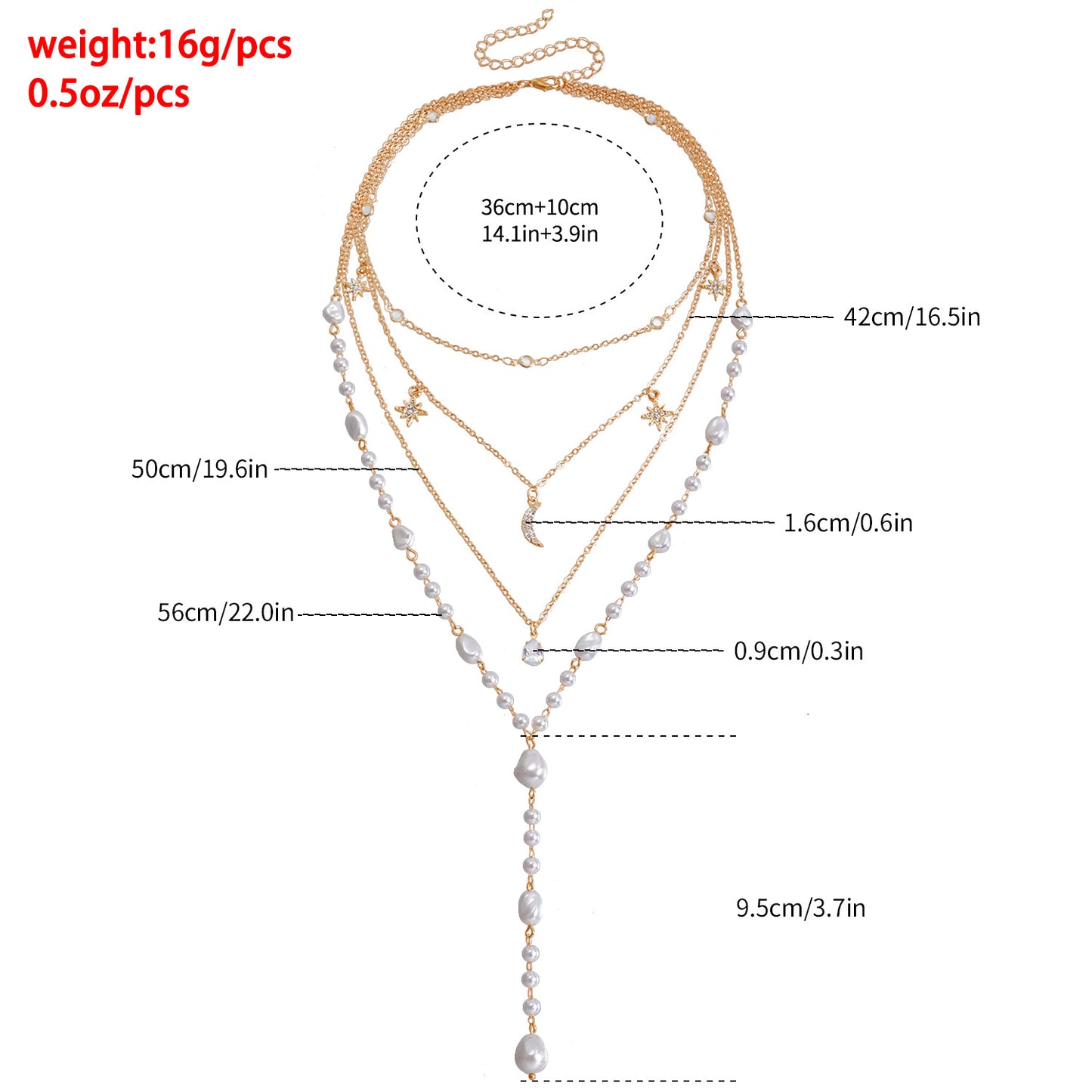 Collana di Perle a Strati Multipli d'Ispirazione Barocca Minimalista da Donna con Pendente Geometrico, Lega Elettroplaccata, Accenti di Luna e Stella