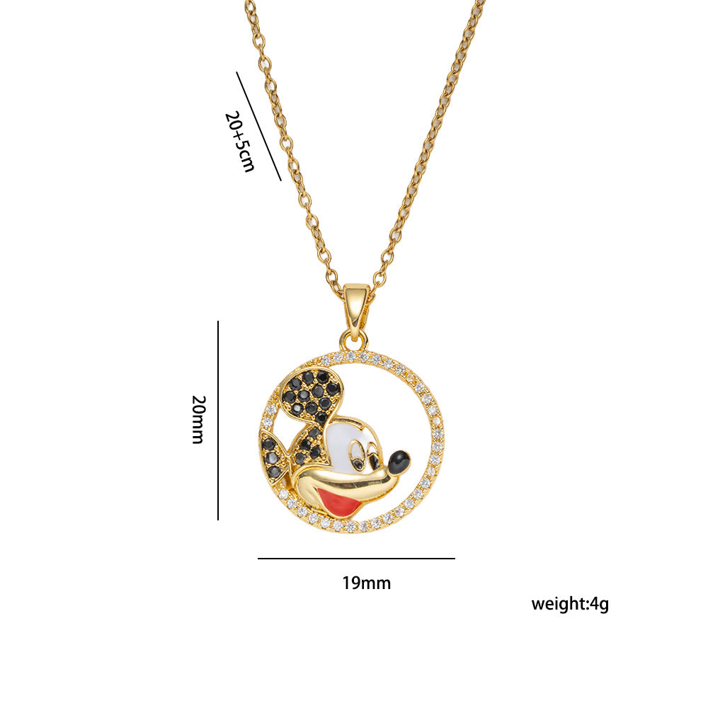 Minimalist Round Mickey Mouse Pendant Necklace in Titanium Steel with Gold Plating and Zircon Inlay for Women