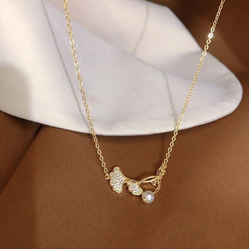 Minimalist Ginkgo Leaf Pendant Necklace in Titanium Steel with Gold Plating for Women
