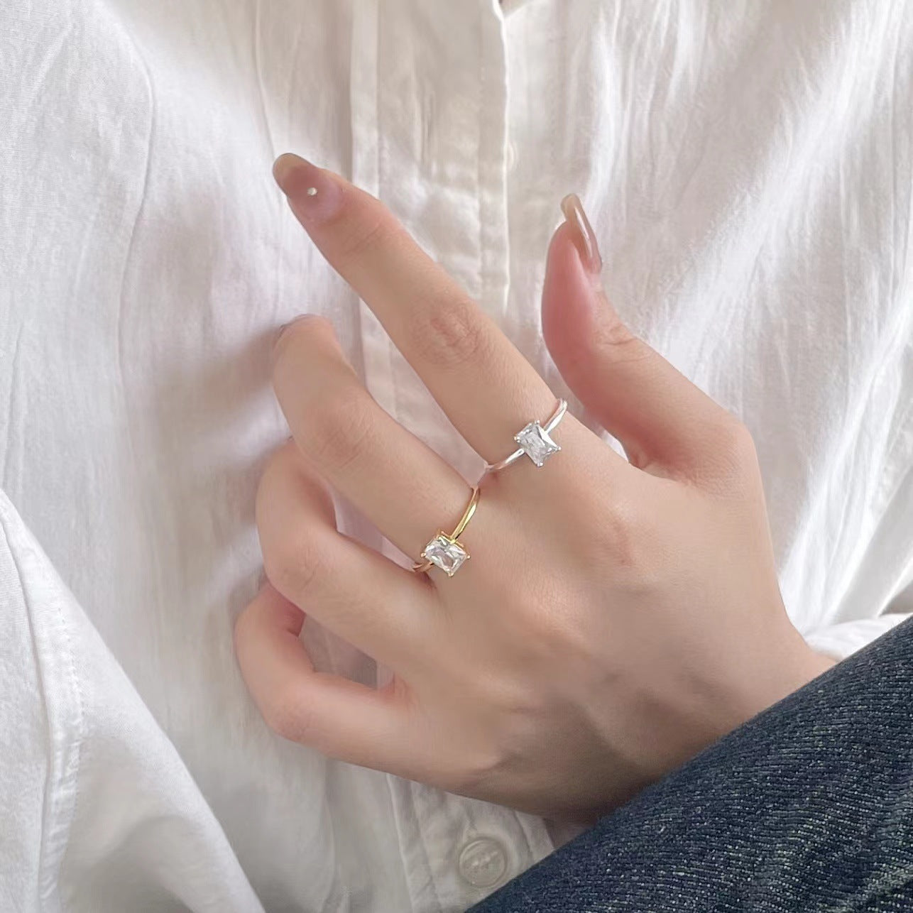 Minimalist Sweet 925 Sterling Silver Geometric Square Rhinestone Plated Open Ring