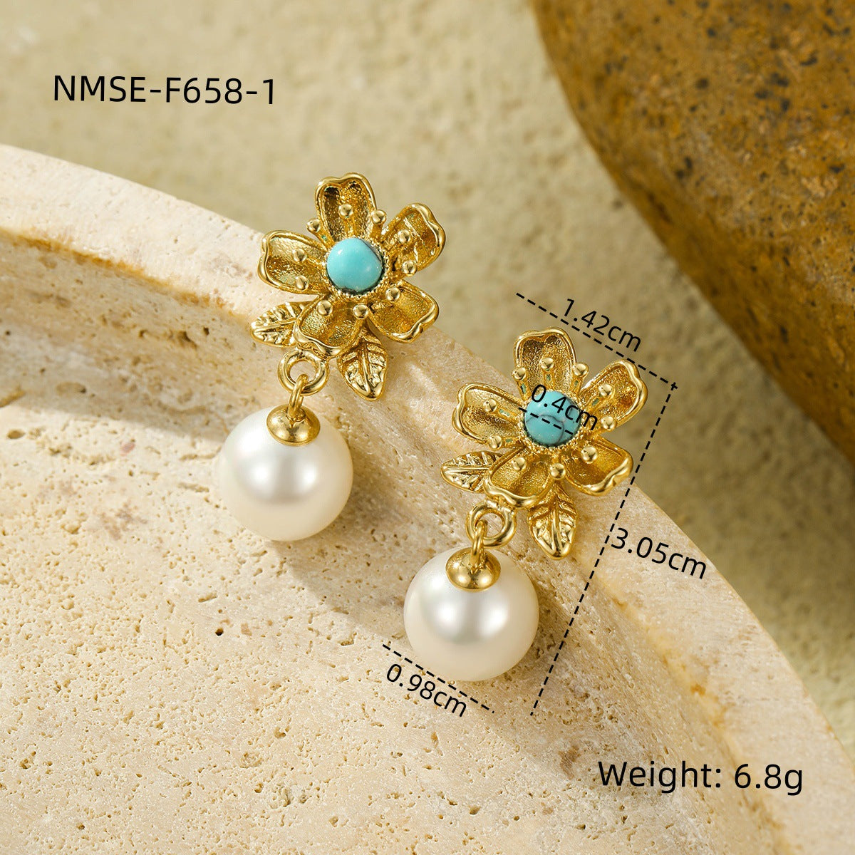 Pendientes colgantes florales de estilo vintage con piedras naturales y detalles de perlas en acero inoxidable con acabado chapado para mujer