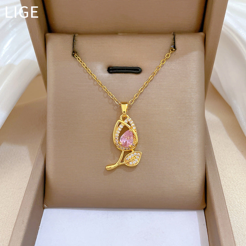 Sweet Luxury Pink Tulip Rhinestone Pendant Necklace Titanium Steel Chain for Women and Men