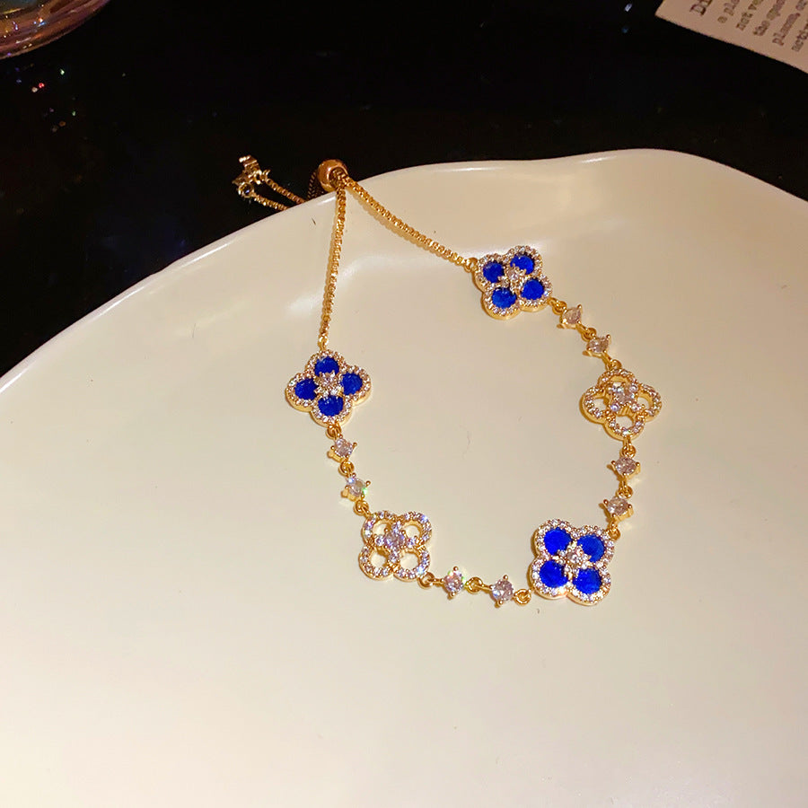 Elegant Floral Geometric Brass Bracelet with Cubic Zirconia Inlay for Women