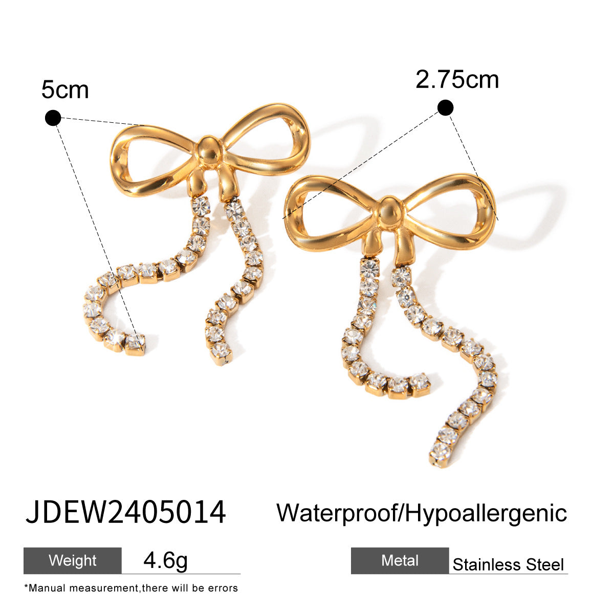 Minimalist 18K Gold Plated Stainless Steel Bow Rhinestone Chain Earrings for Women