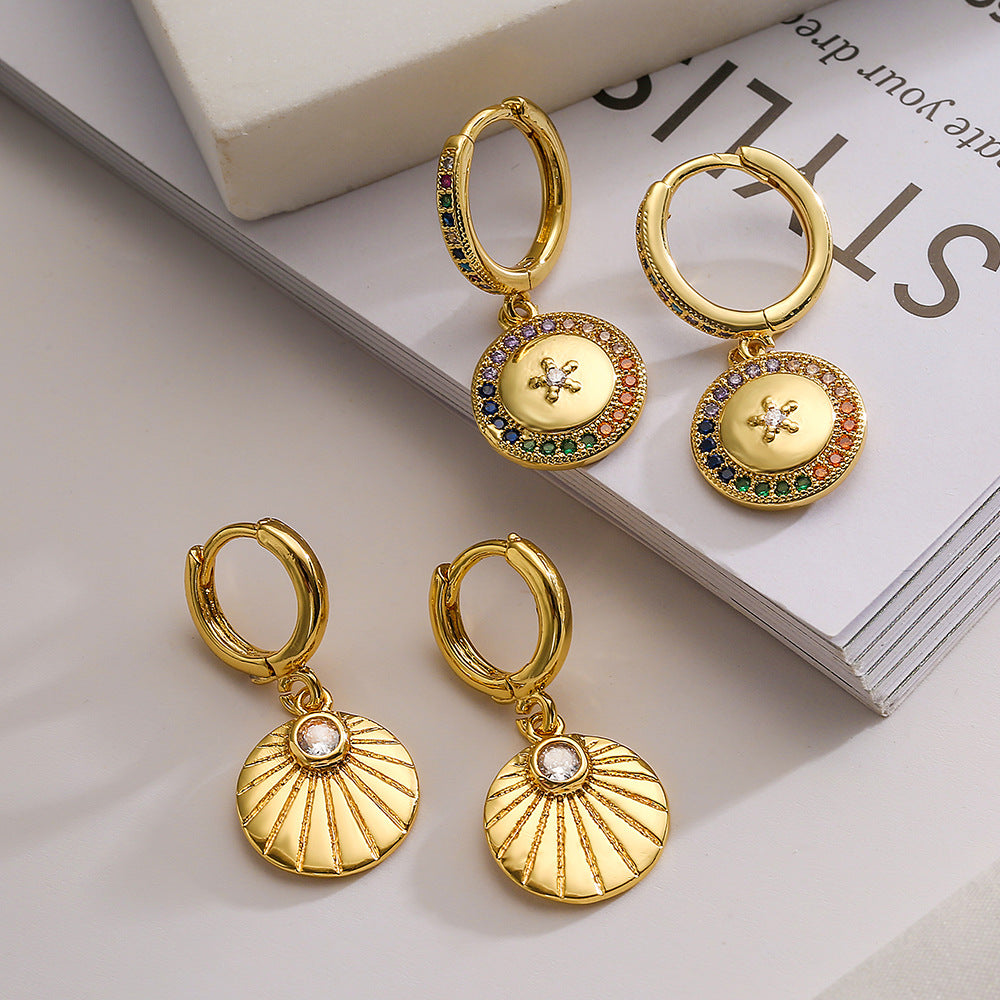 Orecchini da donna geometrici tondi minimalisti in rame con placcatura in oro 18K e zirconi