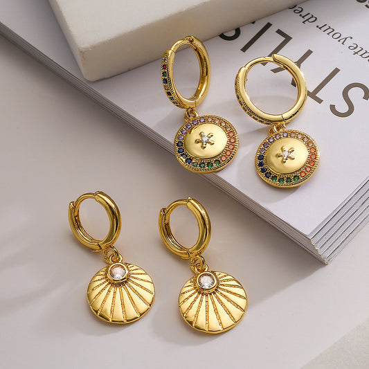 Minimalist Round Geometric Copper Earrings with 18K Gold Plating and Zircon Accents for Women
