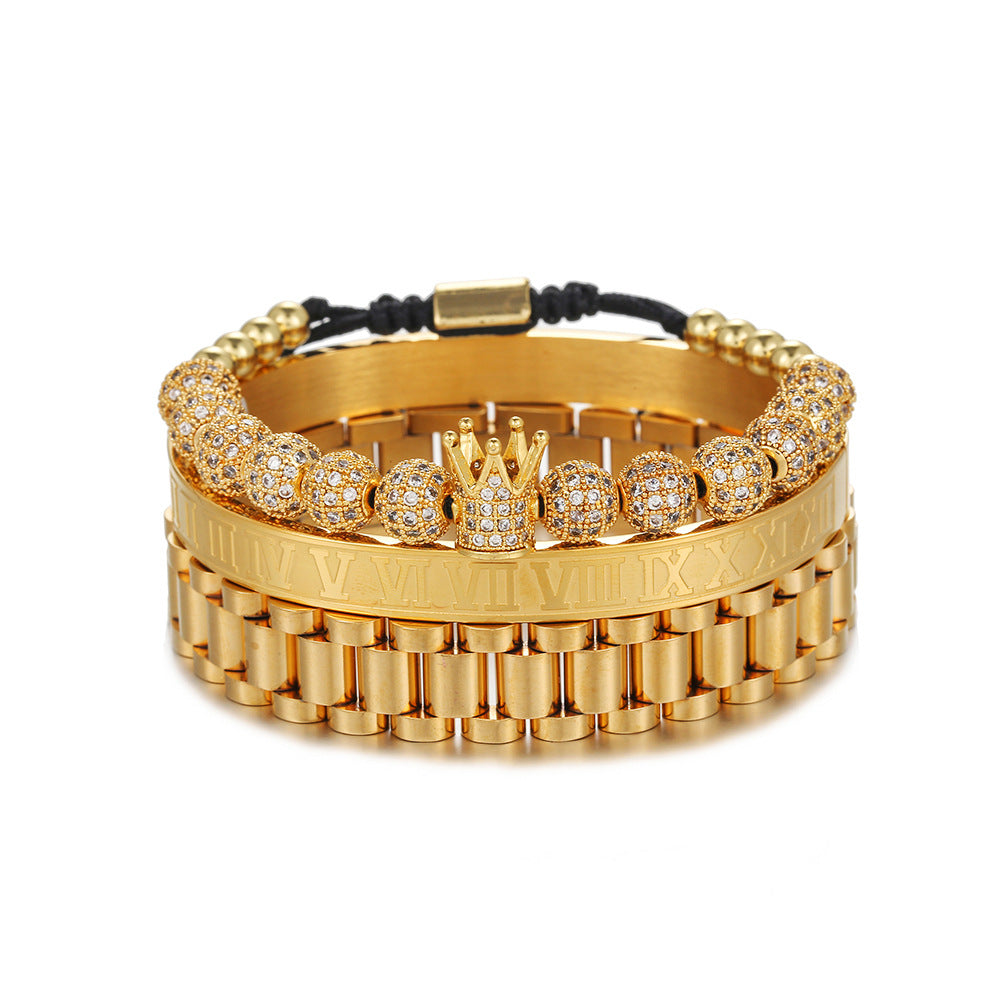 Vintage Hip-hop Crown Letter Braided Cubic Zirconia Titanium Steel Bracelet Set