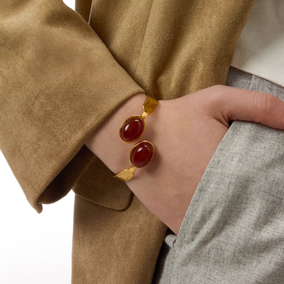 Bracciale In Acciaio Inossidabile Color Oro Placcato Oro Con Intarsi Di Agata In Stile Pendolare Moda