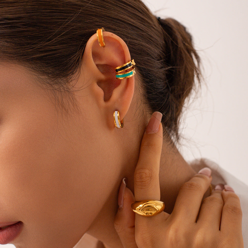 Minimalist Geometric Stainless Steel Earrings with 18K Gold Plating and Colorful Enamel Finish for Women