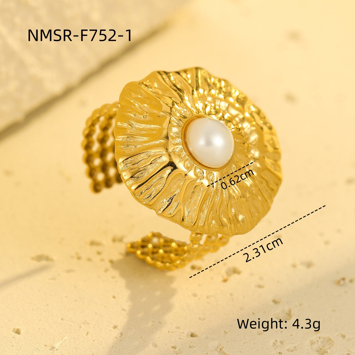 Anello da donna alla moda in acciaio al titanio geometrico con texture circolare e intarsio di perle