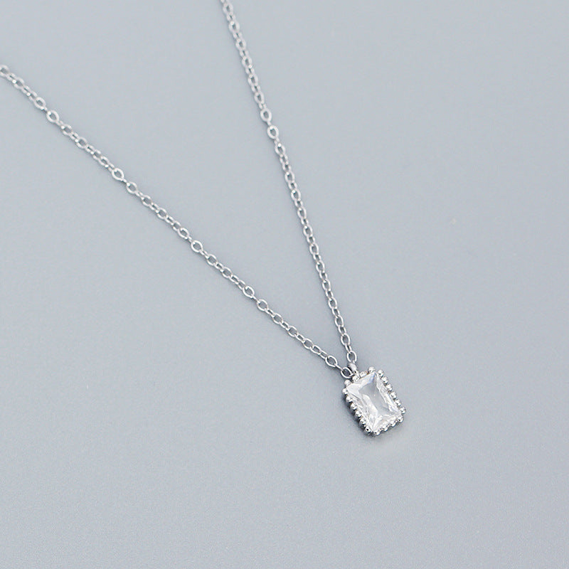 Minimalist Vintage 925 Sterling Silver Rectangle Geometric Cubic Zirconia Necklace
