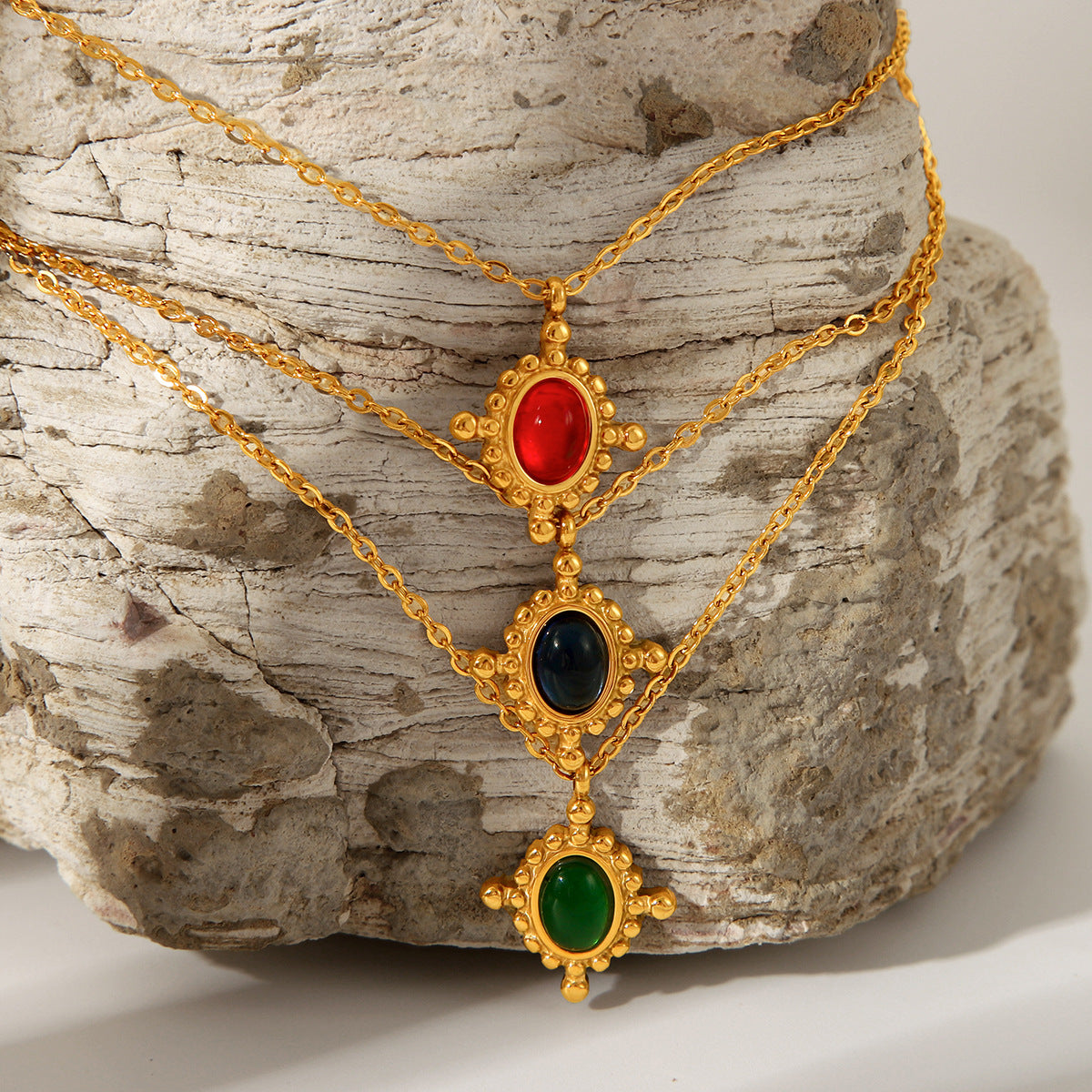 Minimalist Geometric Cross Pendant Necklace in Stainless Steel with Electroplated Finish and Semi-Precious Stone Inlay for Women