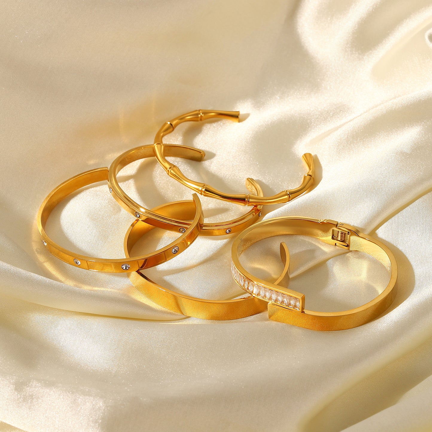 Geometric INS Style Rhinestone Inlay Open Bangle Bracelet for Women in 18K Gold Plated Titanium Steel
