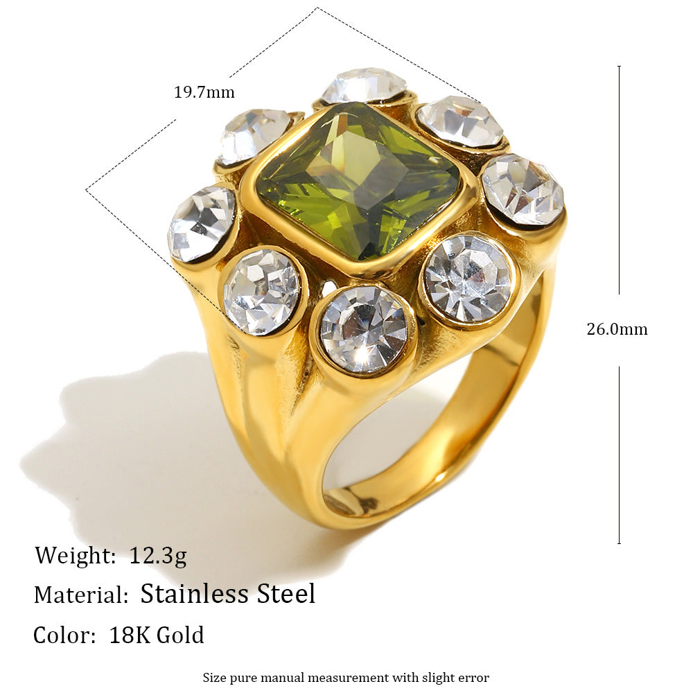 Anello quadrato geometrico in zircone in stile francese da donna in acciaio inossidabile con placcatura in oro 18 carati, gioielli di lusso leggeri