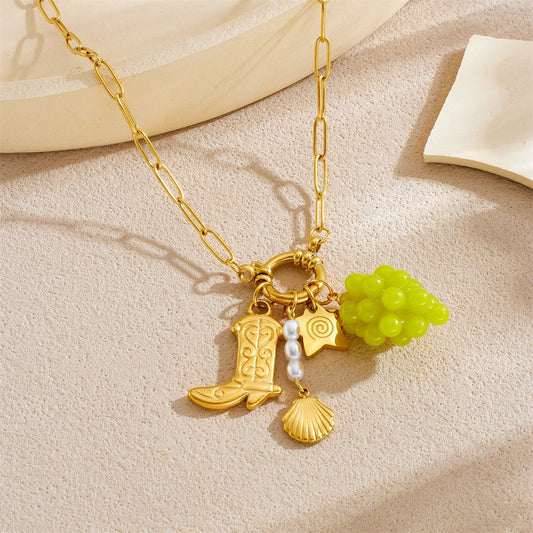 Sweet Stainless Steel Plated Star Charm Bar Necklace with Grape Boot Shell Pendants for Women