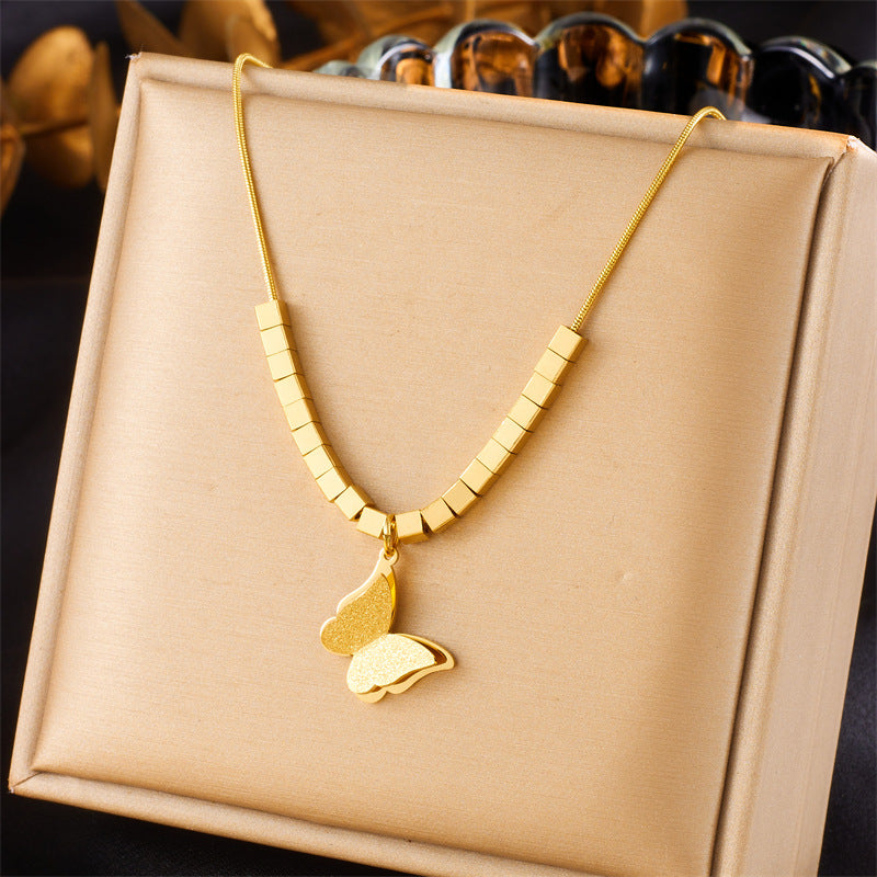 Fashion Matte Textured Gold-Plated Square Butterfly Pendant Necklace Set with Earrings and Bracelet for Women