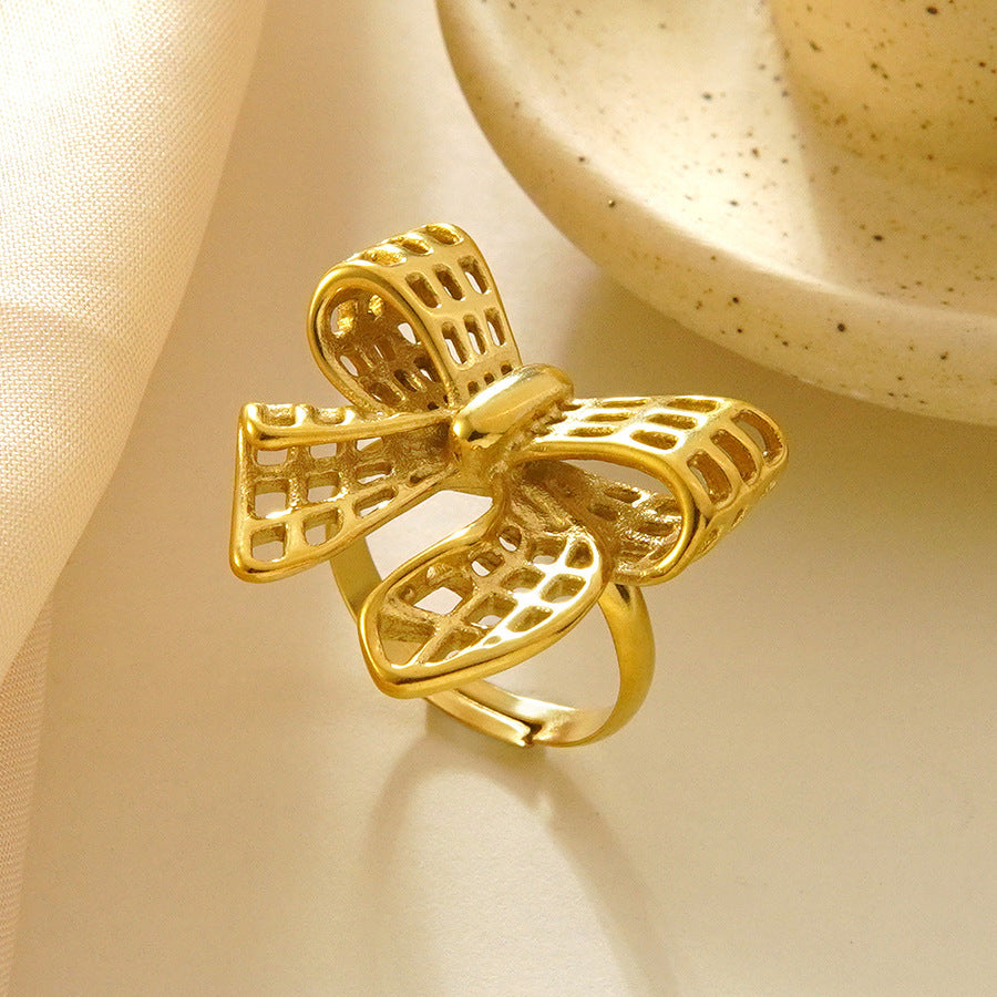 Minimalist Stainless Steel Plated Hollow Bow Ring for Unisex