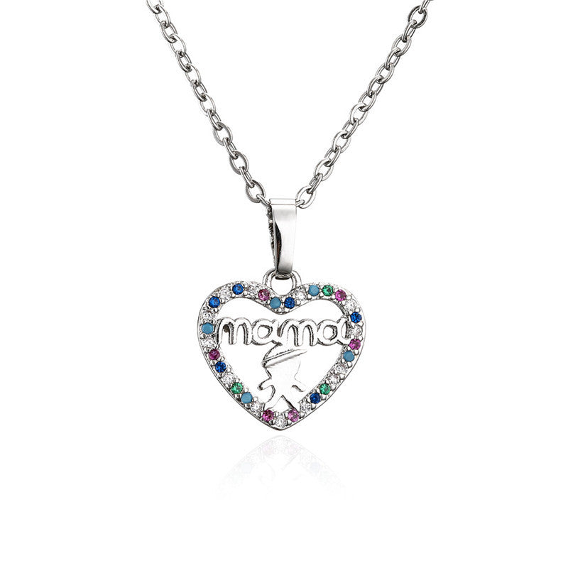 Heart Letter MAMA Pendant Necklace Brass Micro-Inlaid Cubic Zirconia Cable Chain