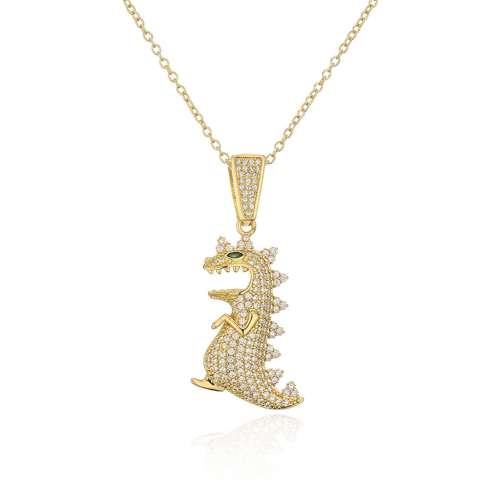 Minimalist Dinosaur Leopard Head and Dragonfly Pendant Necklace in Copper with 18K Gold Plating and Zircon Inlay