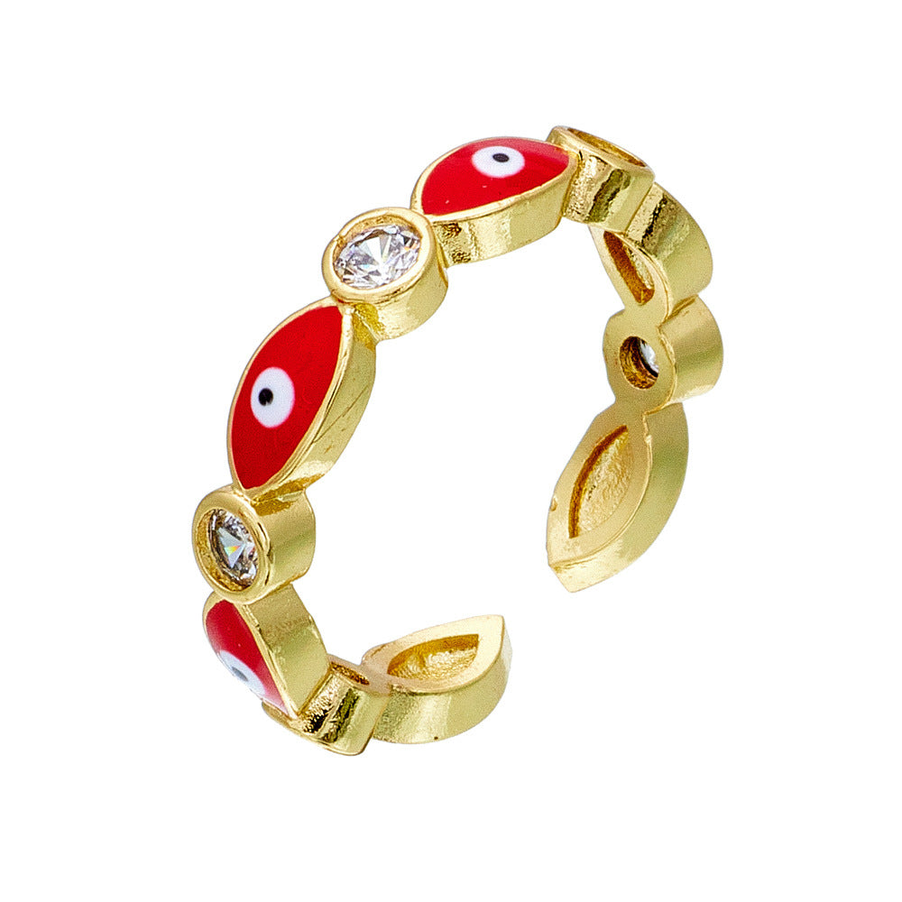 Anello Aperto con Occhio di Allah Geometrico Casual da Donna con Base in Rame Placcata in Oro 18 carati e Zirconia Micro-Incastonata con Finitura Smaltata