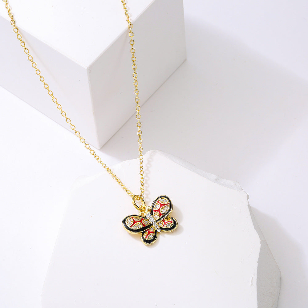 Minimalist Heart and Butterfly Pendant Necklace for Women in Copper with 18K Gold Plating, Geometric Design Locket Chain