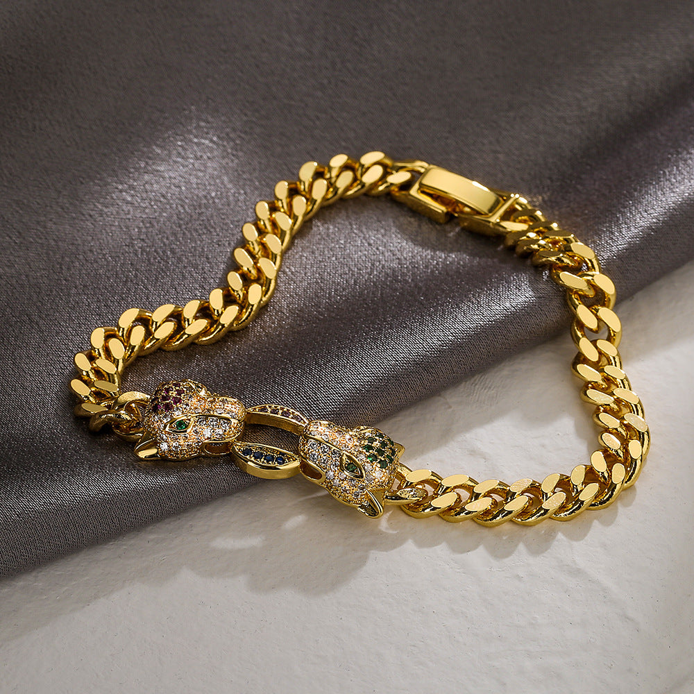 Bracciale Cubano Geometrico a Forma di Leopardo alla Moda da Donna in Rame Placcato Oro con Intarsio di Zirconi
