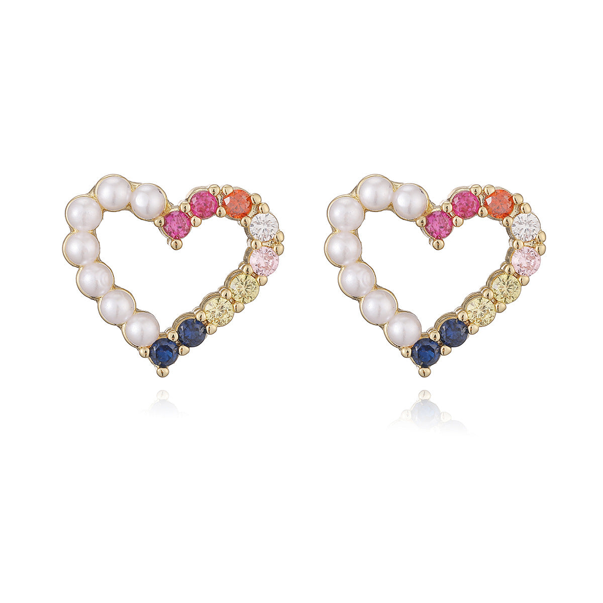 Minimalist Luxury 18K Gold Plated Brass Heart Stud Earrings with Cubic Zirconia and Pearl for Women