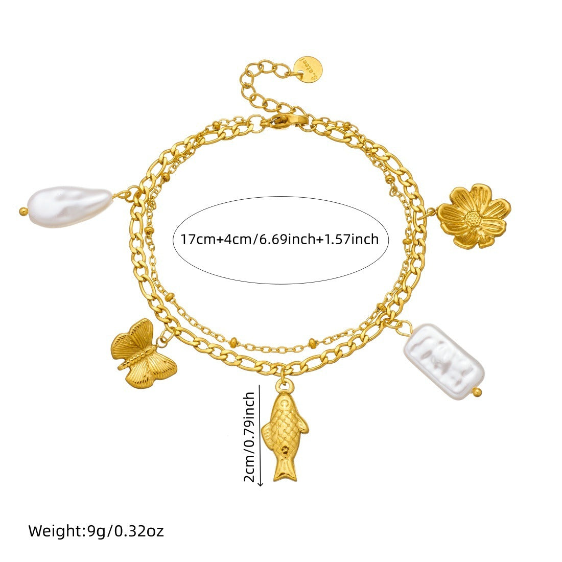 Sweet Gold Plated Stainless Steel Butterfly Fish Pearl Pendant Double Layer Cable Chain Bracelet for Women