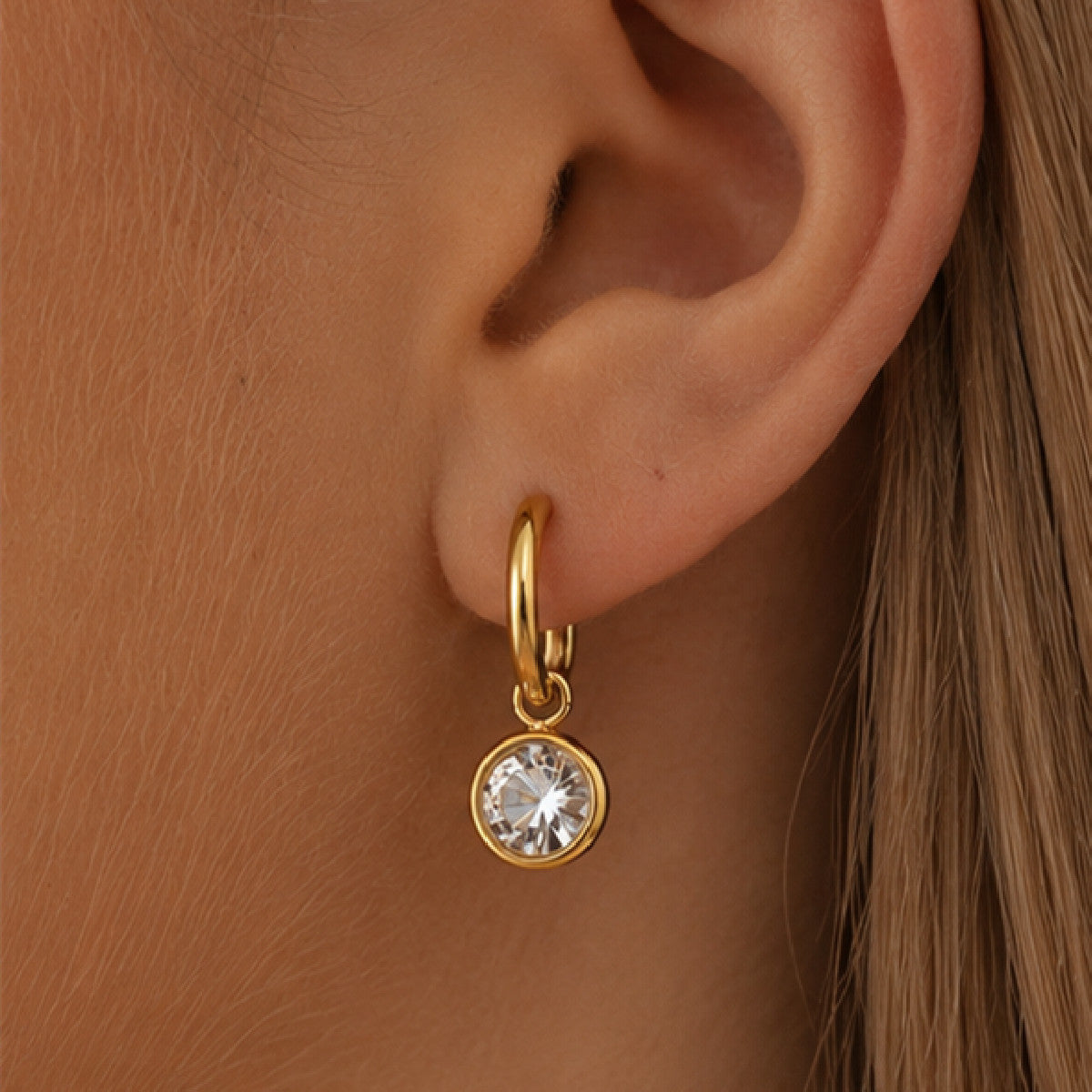 Minimalist Geometric Round Rhinestone Inlaid PVD Stainless Steel Earrings for Women