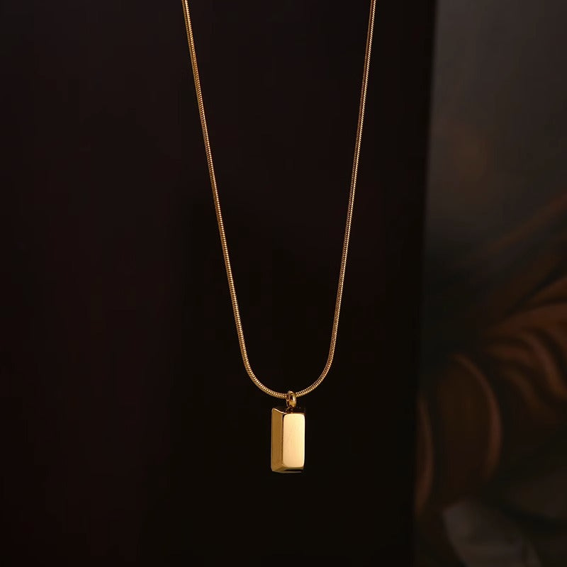 Minimalist 18K Gold Plated Titanium Steel Geometric Square Brick Pendant Necklace with Snake Chain for Women