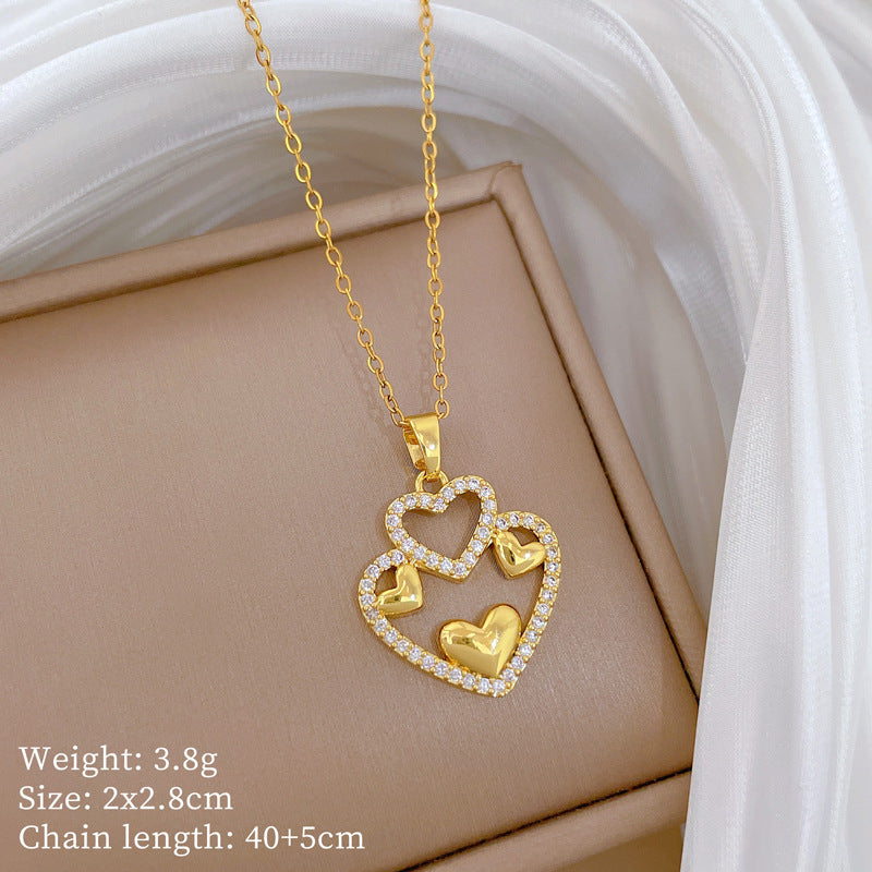 Sweet Minimalist Hollow Double-Layer Heart Rhinestone Titanium Steel Necklace for Unisex
