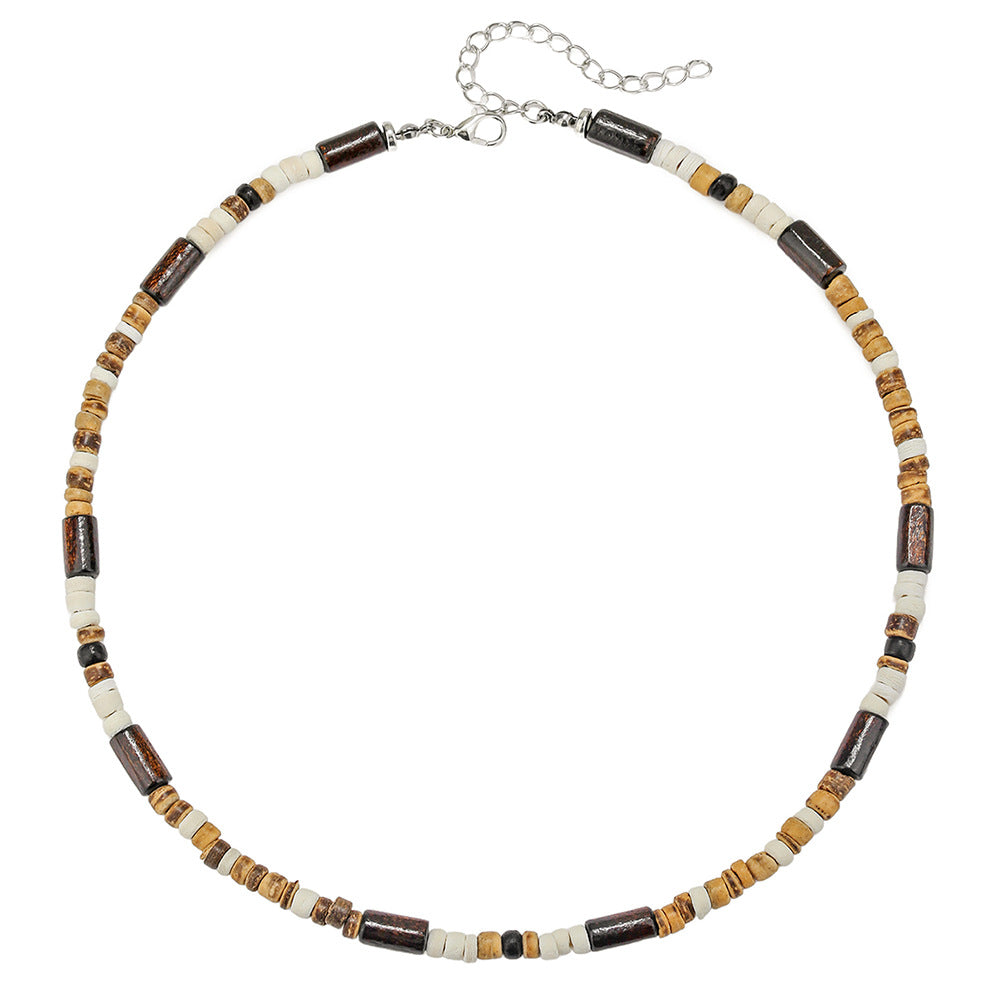 Bohemian Hip-hop Geometric Wood Bead Coconut Shell Stainless Steel Necklace for Men and Women