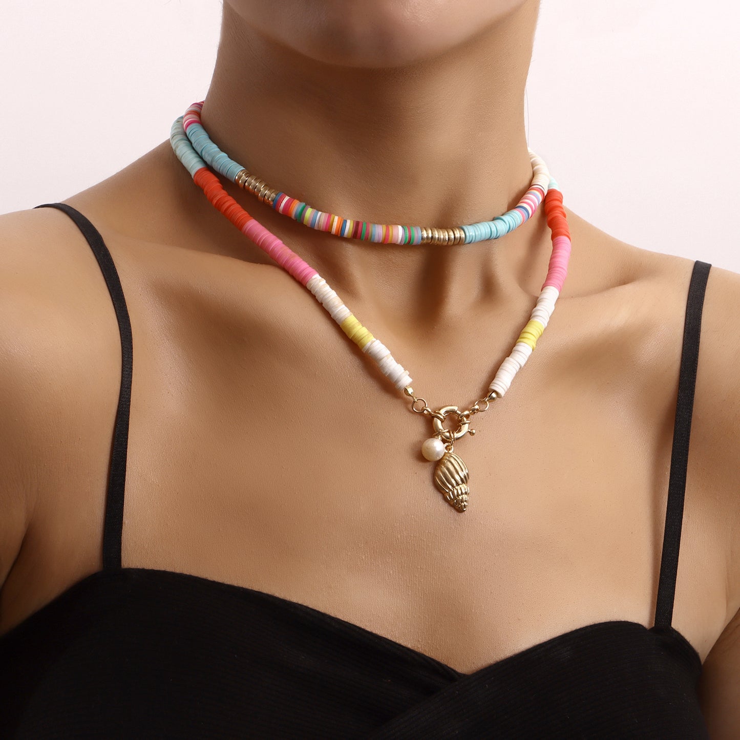 Geometric Double-Layer Polymer Clay and Pearl Scallop Pendant Necklace for Women with Plated Alloy Finish