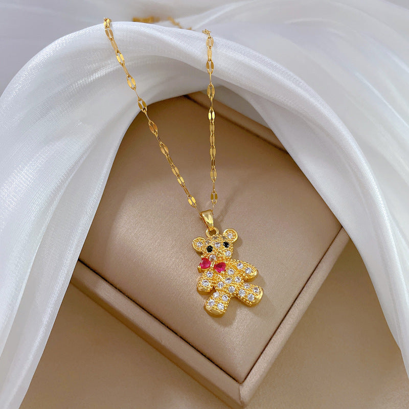 Minimalist Bow-Knot Bear Pendant Necklace for Women with Rhinestone Inlay on Titanium Steel Chain