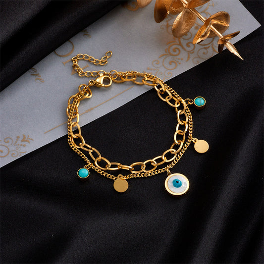 Fashionable Vintage-Style Round Blue-Eye Turquoise Pendant Double-Layer Titanium Steel Bracelet with Plating Finish
