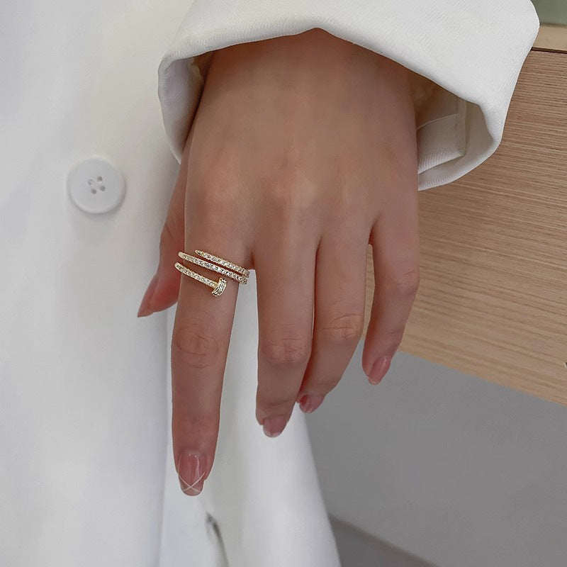 Minimalist Spiral Nail Ring for Women in Copper with Plated Finish, Adjustable Open Band Finger Ring Featuring Letter Design