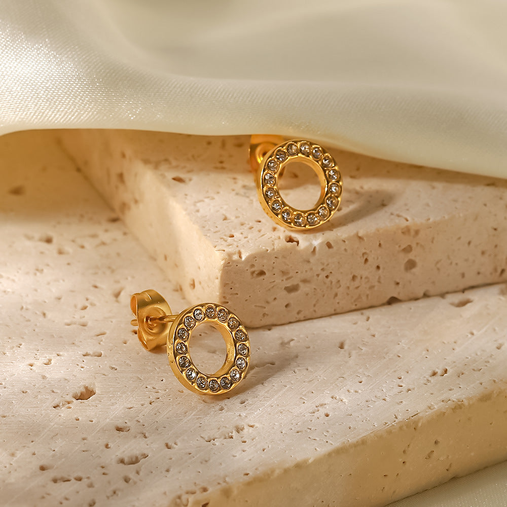 Women's Titanium Steel Geometric White Hollow Round Cubic Zirconia Stud Earrings with 18K Gold Plating
