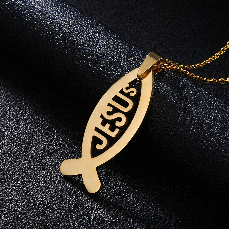 Fashion Cross Pendant Necklace in Titanium Steel with Polished Gold Plating on O-Chain for Unisex Wear
