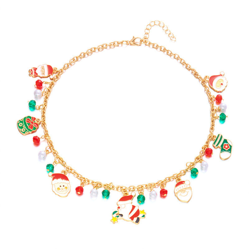 Fashionable Christmas-Themed Pendant Necklace for Women with 3D Floral Design Zinc Alloy Base Electroplated Finish Featuring Santa Snowflake and Jingle Bell Motifs