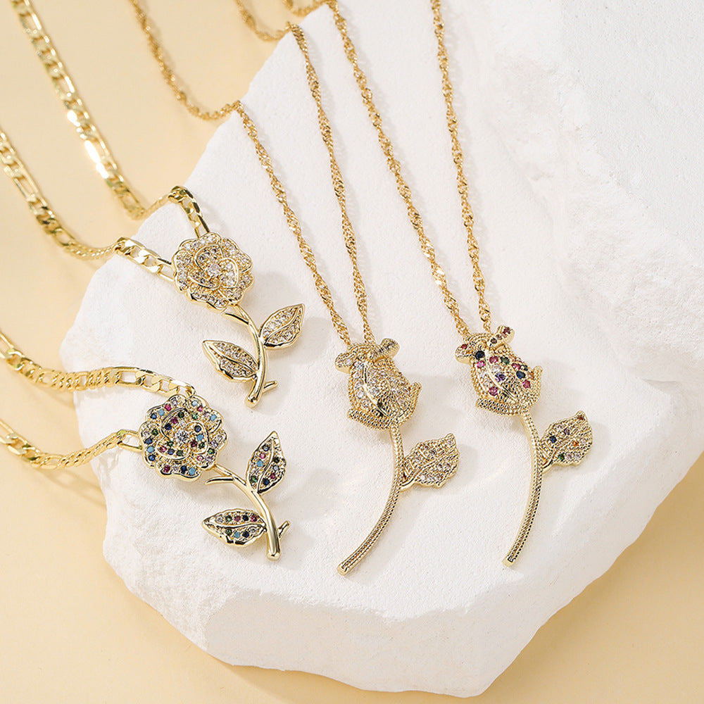 Elegant Rose Flower Pendant Necklace for Women in Copper with 18K Gold Plating and Zircon Inlay, Geometric Design