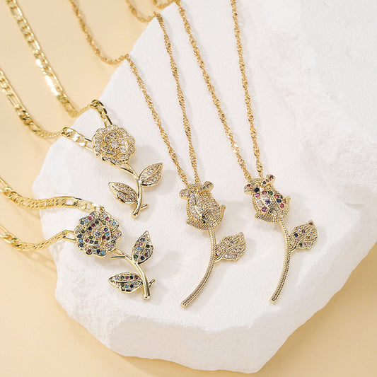Elegant Rose Flower Pendant Necklace for Women in Copper with 18K Gold Plating and Zircon Inlay, Geometric Design