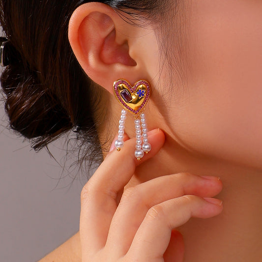 Ins Style Heart Shaped Stainless Steel Earrings with Rhinestone Inlay and Pearl Dangle for Women
