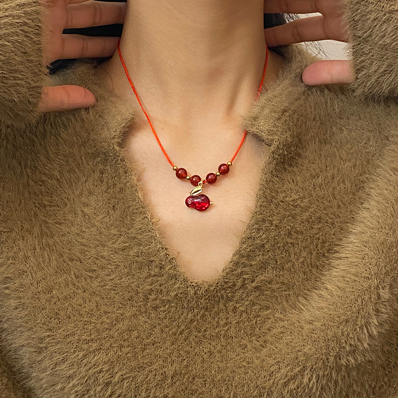Minimalist Rabbit Pendant Necklace in Titanium Steel with Red Braided Cord for Lucky Year Gift
