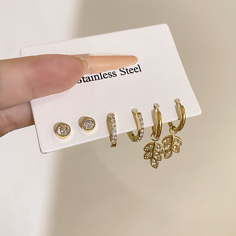 Minimalist Sweet Micro-set Diamond Plant Shape Brass Plated Earrings Set