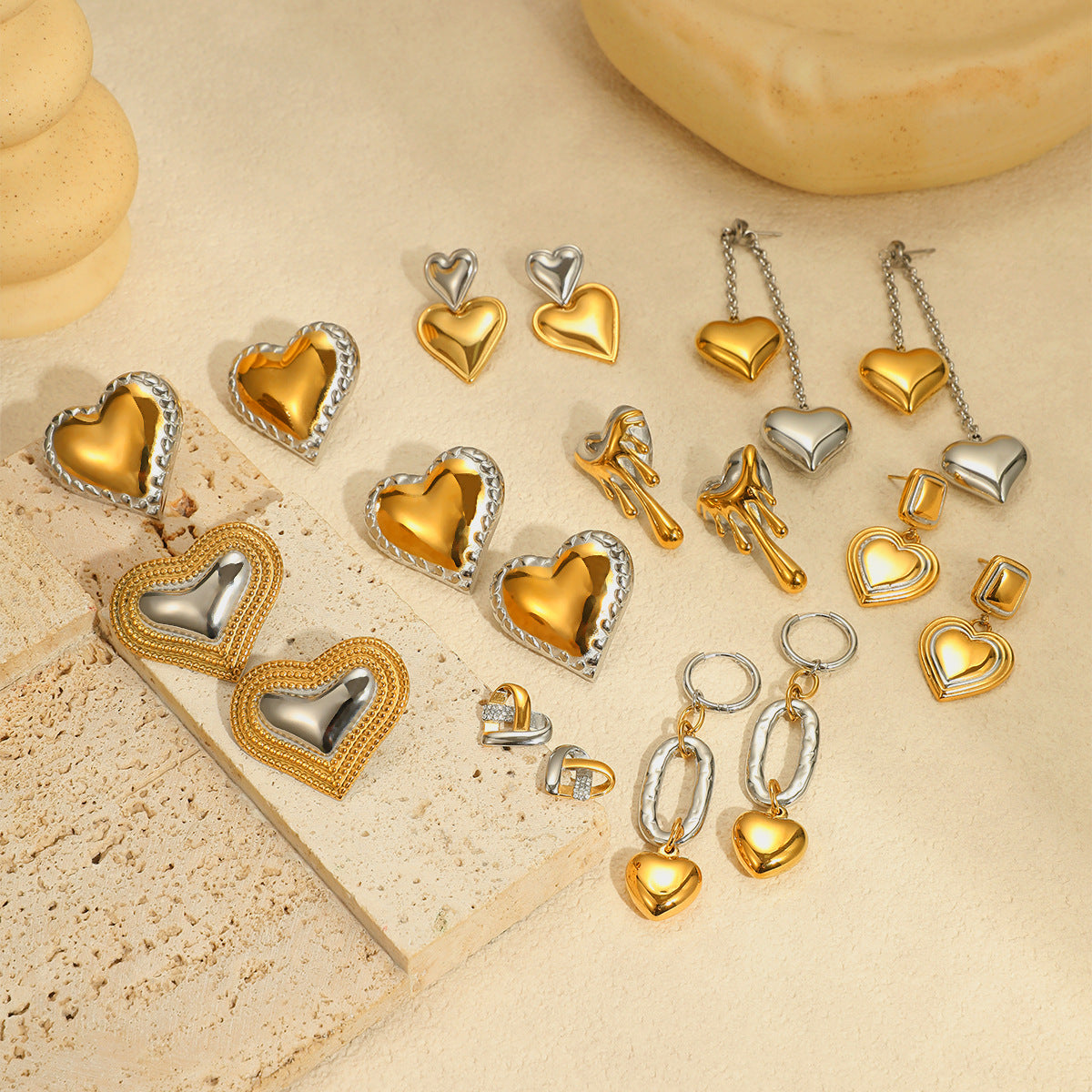 Fashionable Heart-Shaped Stainless Steel Earrings with Color-Blocking Design for Women